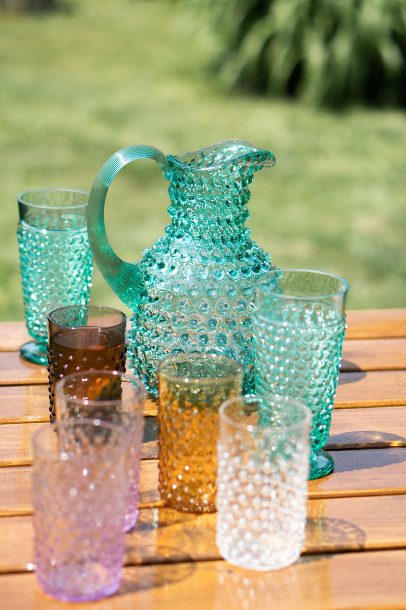 Beryl Hobnail Glass Jug with Colorful Glasses